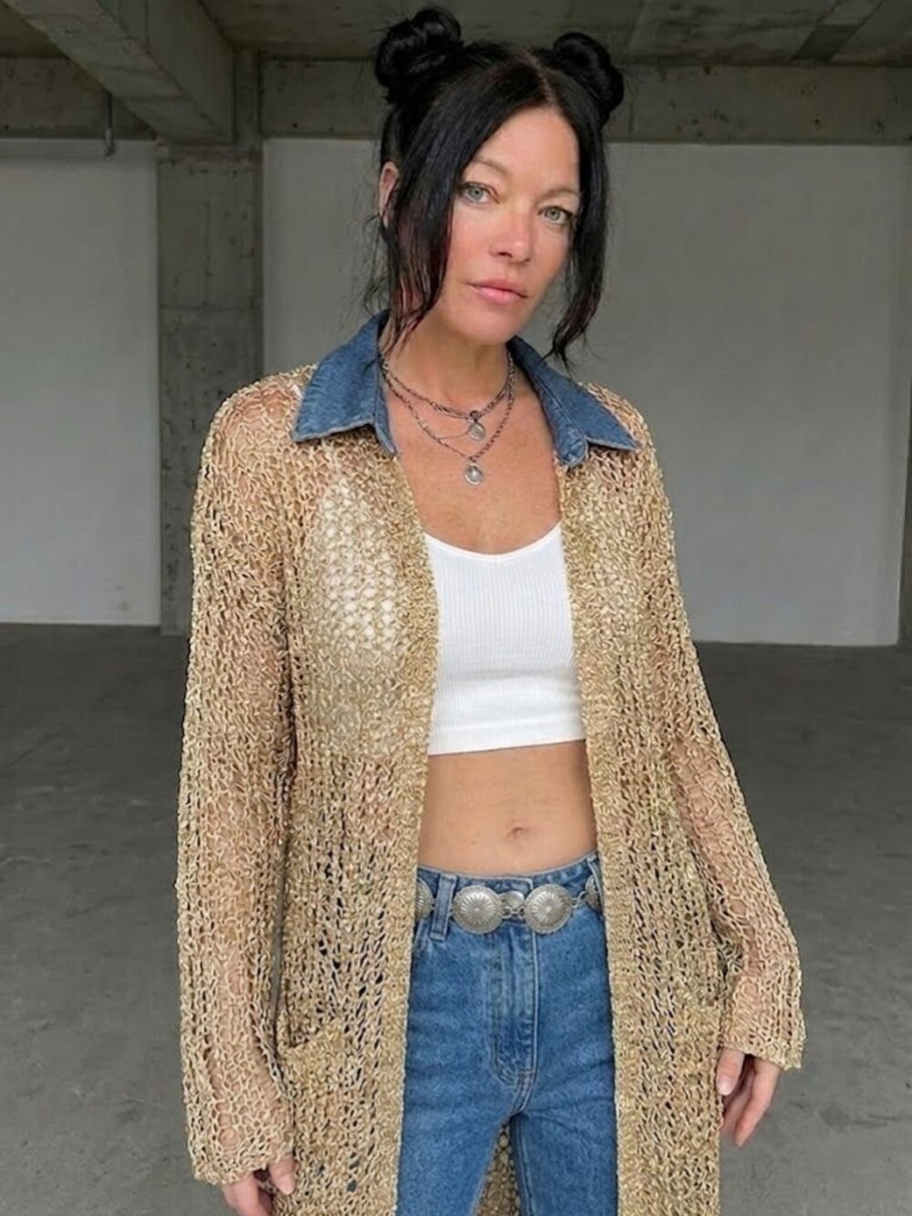 Beige Blue Jeans Knit Cardigan